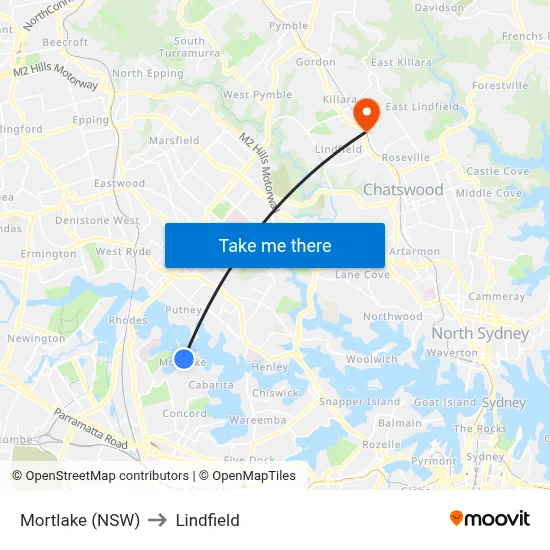 Mortlake (NSW) to Lindfield map