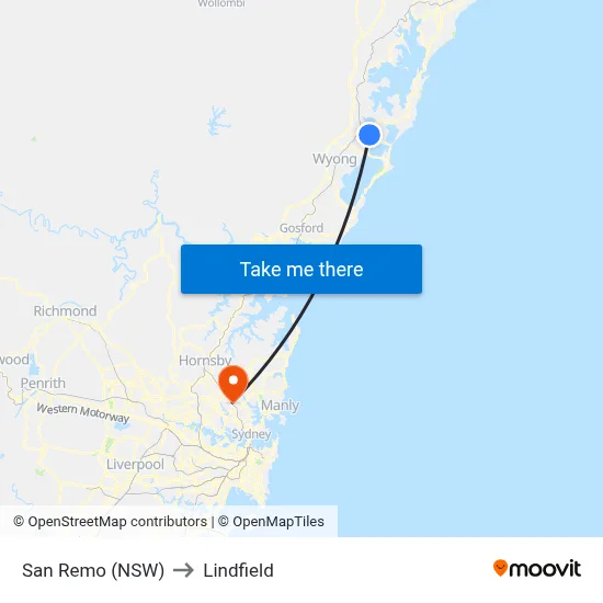San Remo (NSW) to Lindfield map
