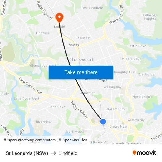 St Leonards (NSW) to Lindfield map