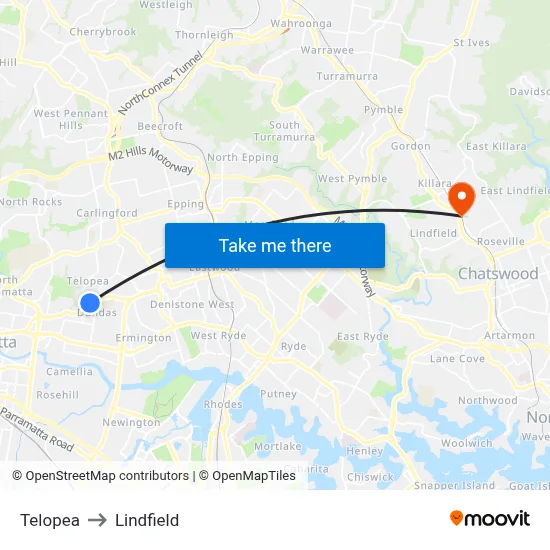 Telopea to Lindfield map