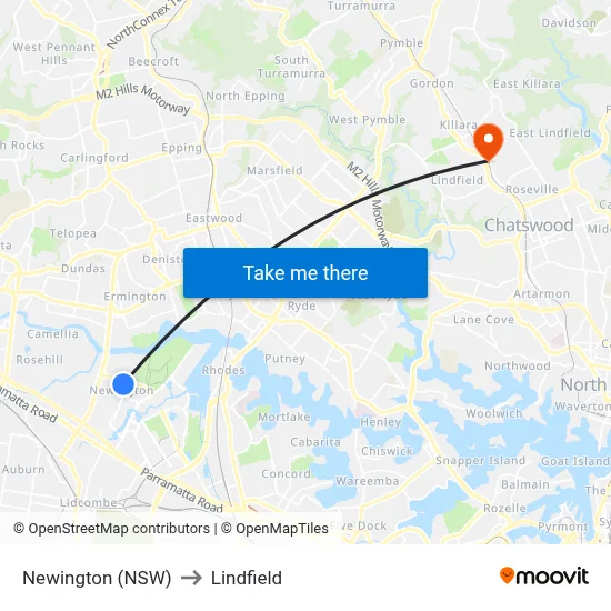 Newington (NSW) to Lindfield map