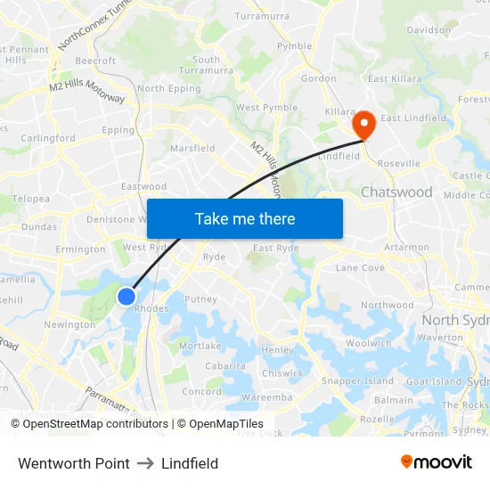 Wentworth Point to Lindfield map
