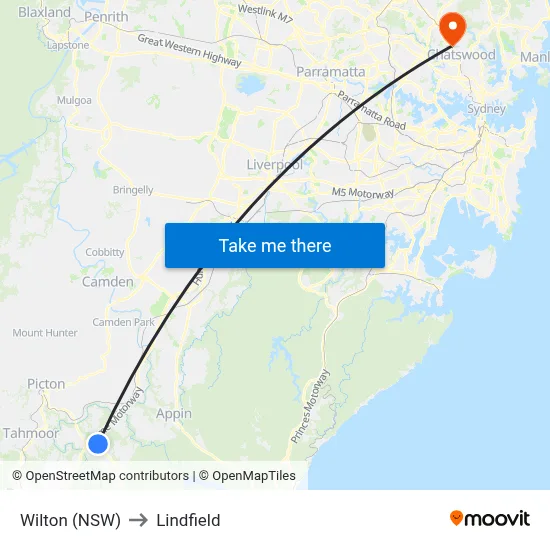 Wilton (NSW) to Lindfield map