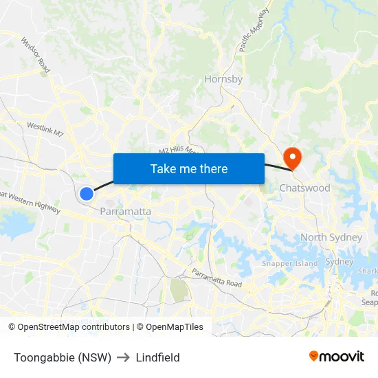 Toongabbie (NSW) to Lindfield map