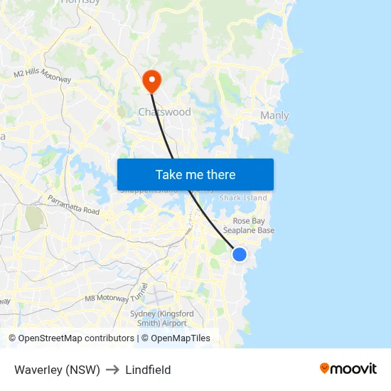 Waverley (NSW) to Lindfield map