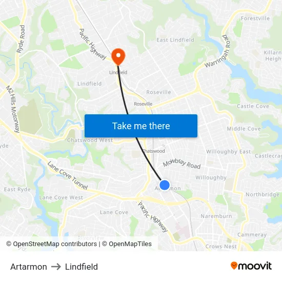 Artarmon to Lindfield map