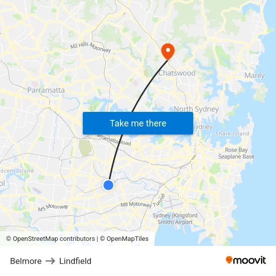 Belmore to Lindfield map