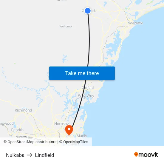 Nulkaba to Lindfield map