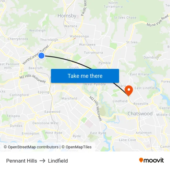 Pennant Hills to Lindfield map