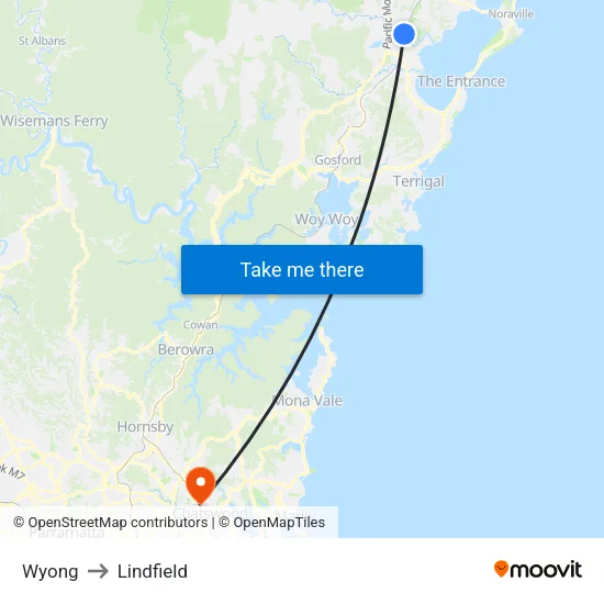 Wyong to Lindfield map