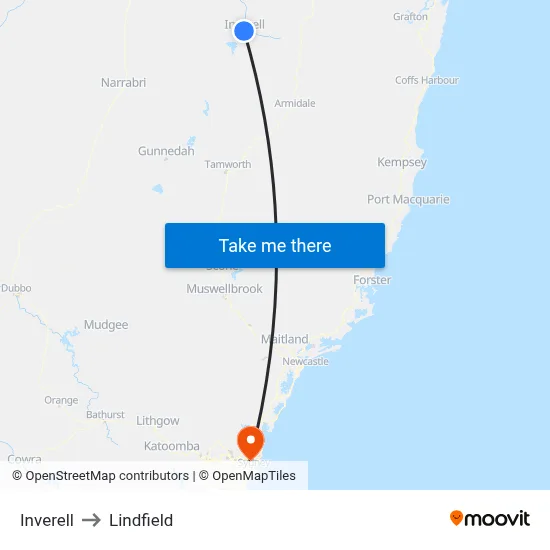Inverell to Lindfield map