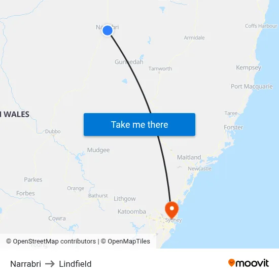 Narrabri to Lindfield map