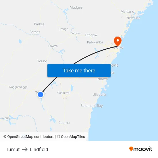 Tumut to Lindfield map