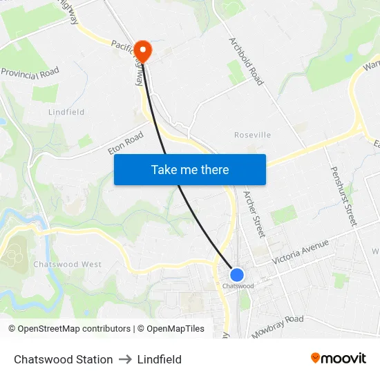 Chatswood Station to Lindfield map