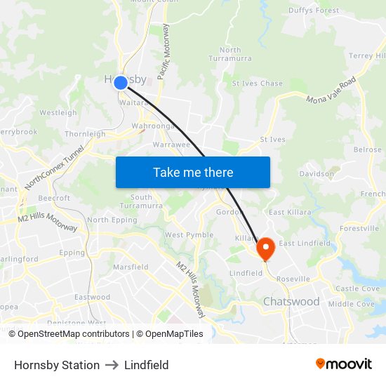 Hornsby Station to Lindfield map