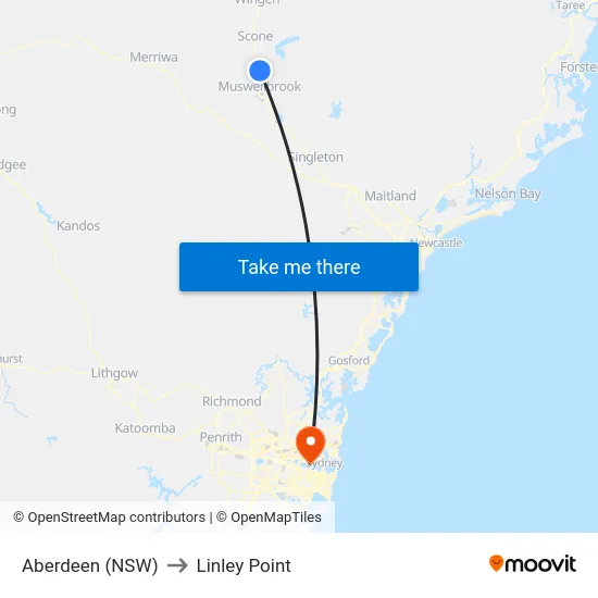 Aberdeen (NSW) to Linley Point map