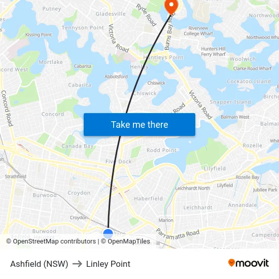 Ashfield (NSW) to Linley Point map