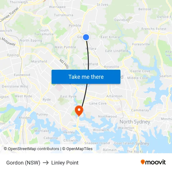 Gordon (NSW) to Linley Point map