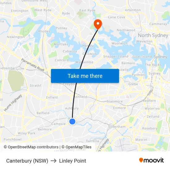 Canterbury (NSW) to Linley Point map