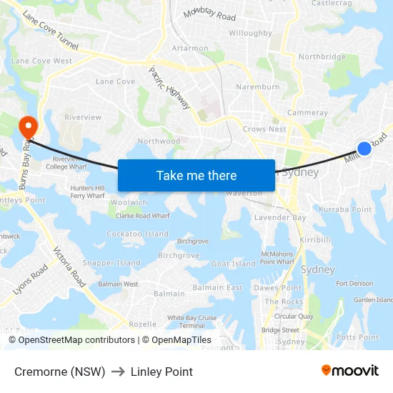 Cremorne (NSW) to Linley Point map