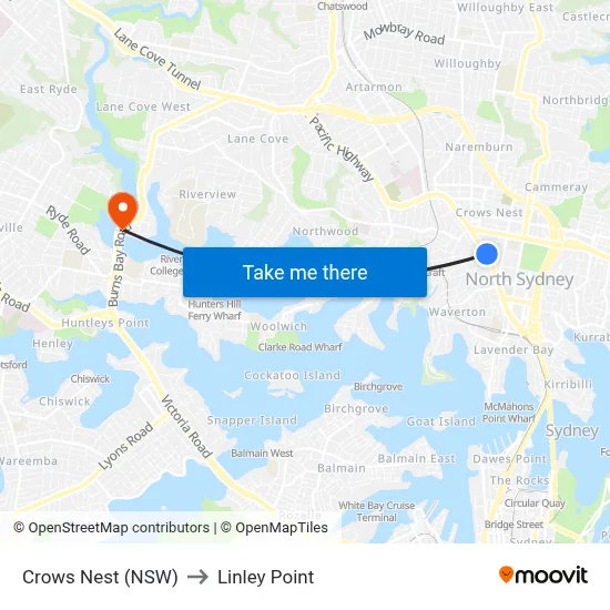 Crows Nest (NSW) to Linley Point map