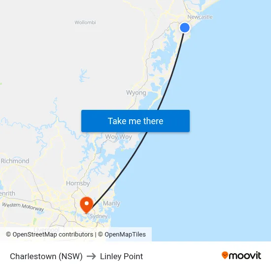 Charlestown (NSW) to Linley Point map