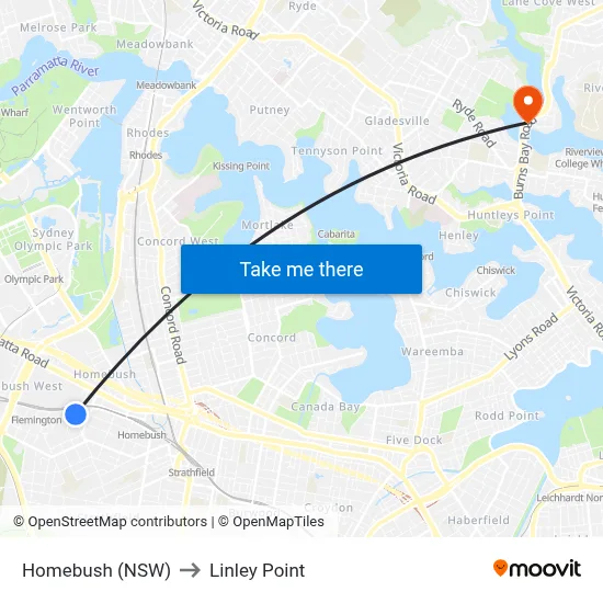 Homebush (NSW) to Linley Point map