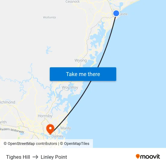 Tighes Hill to Linley Point map