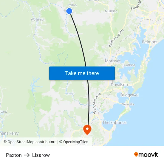 Paxton to Lisarow map