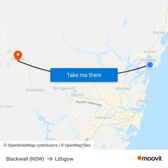 Blackwall (NSW) to Lithgow map