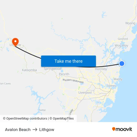 Avalon Beach to Lithgow map