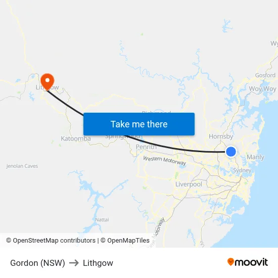 Gordon (NSW) to Lithgow map
