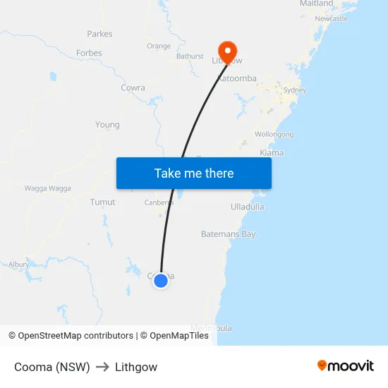 Cooma (NSW) to Lithgow map