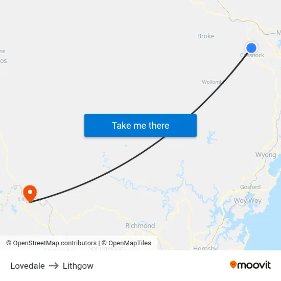 Lovedale to Lithgow map