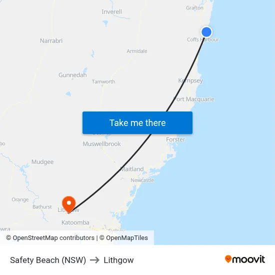 Safety Beach (NSW) to Lithgow map