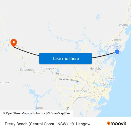 Pretty Beach (Central Coast - NSW) to Lithgow map