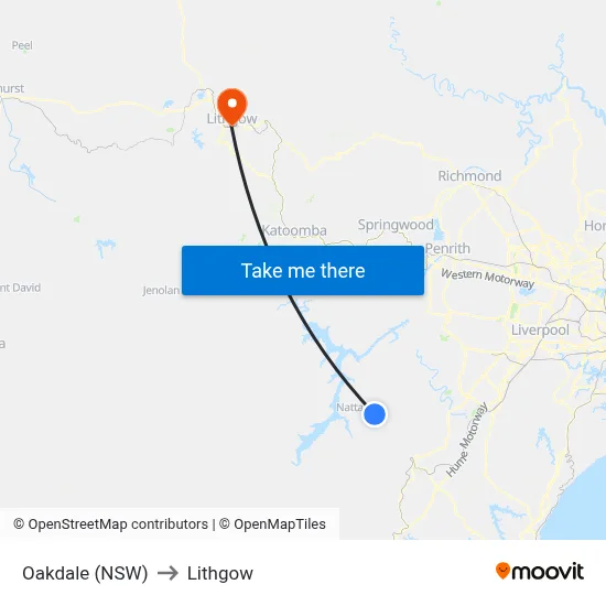 Oakdale (NSW) to Lithgow map