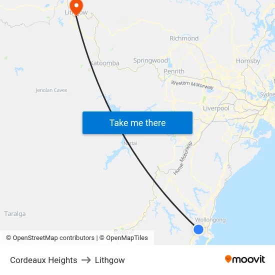 Cordeaux Heights to Lithgow map