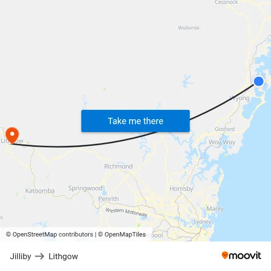 Jilliby to Lithgow map