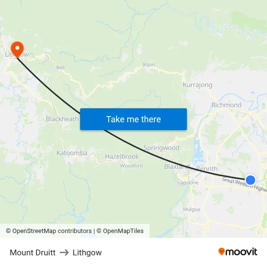 Mount Druitt to Lithgow map