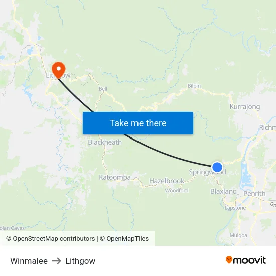 Winmalee to Lithgow map