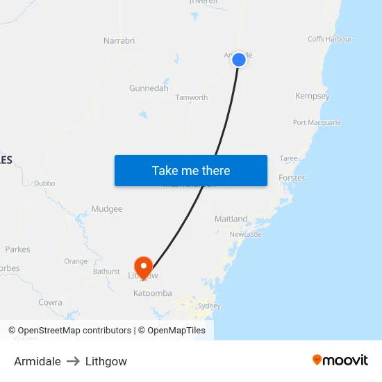 Armidale to Lithgow map