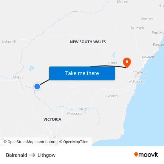 Balranald to Lithgow map
