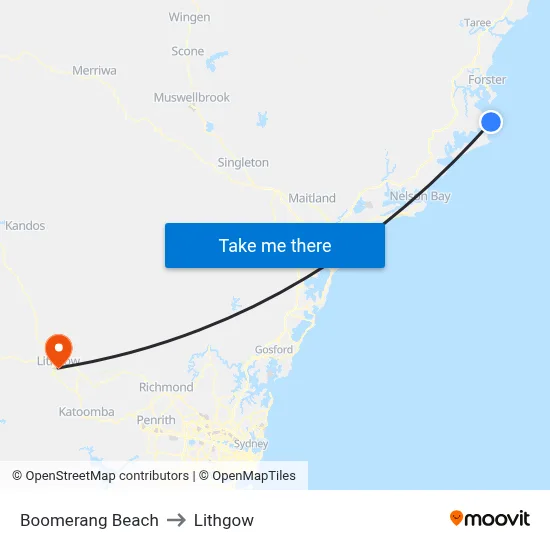 Boomerang Beach to Lithgow map