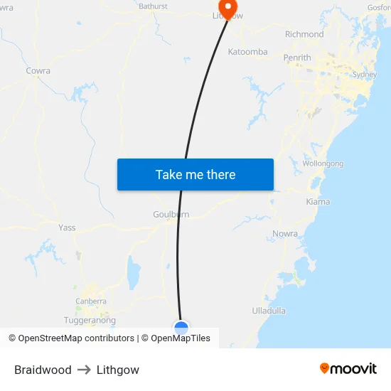 Braidwood to Lithgow map