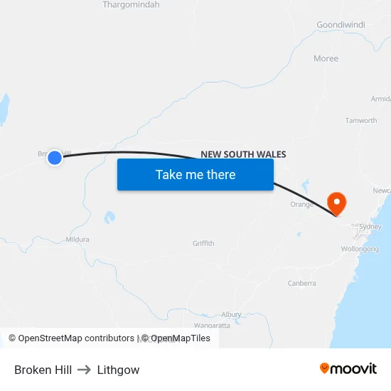 Broken Hill to Lithgow map