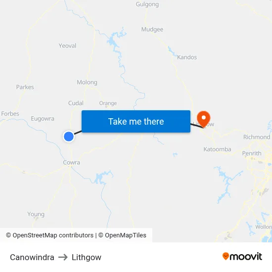 Canowindra to Lithgow map
