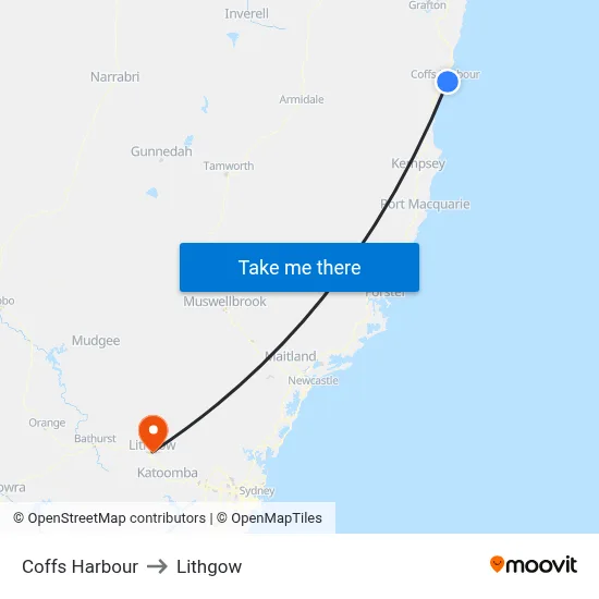 Coffs Harbour to Lithgow map
