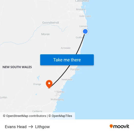 Evans Head to Lithgow map