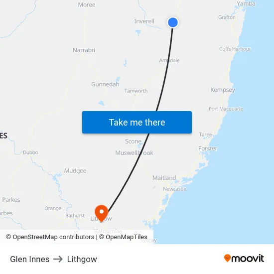 Glen Innes to Lithgow map